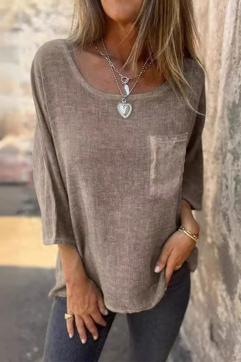 Elke | Casual plain O-neck t-shirts with pocket - Image 4