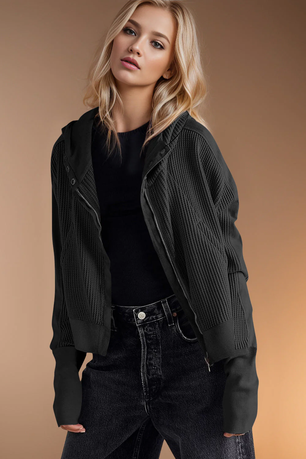 Elsa | Double Take waffle knit long sleeve zip hoodie - Image 4