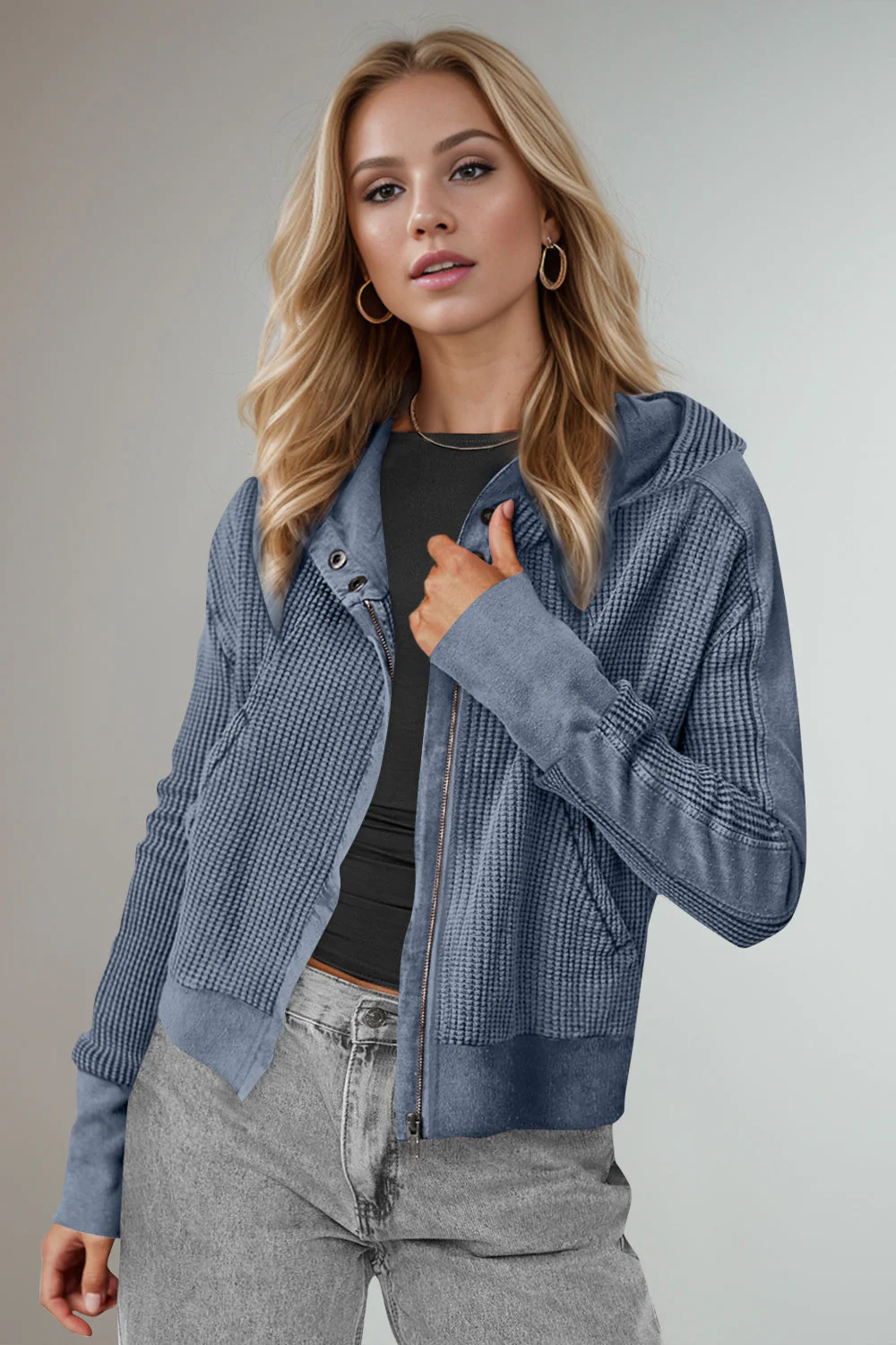 Elsa | Double Take waffle knit long sleeve zip hoodie - Image 8