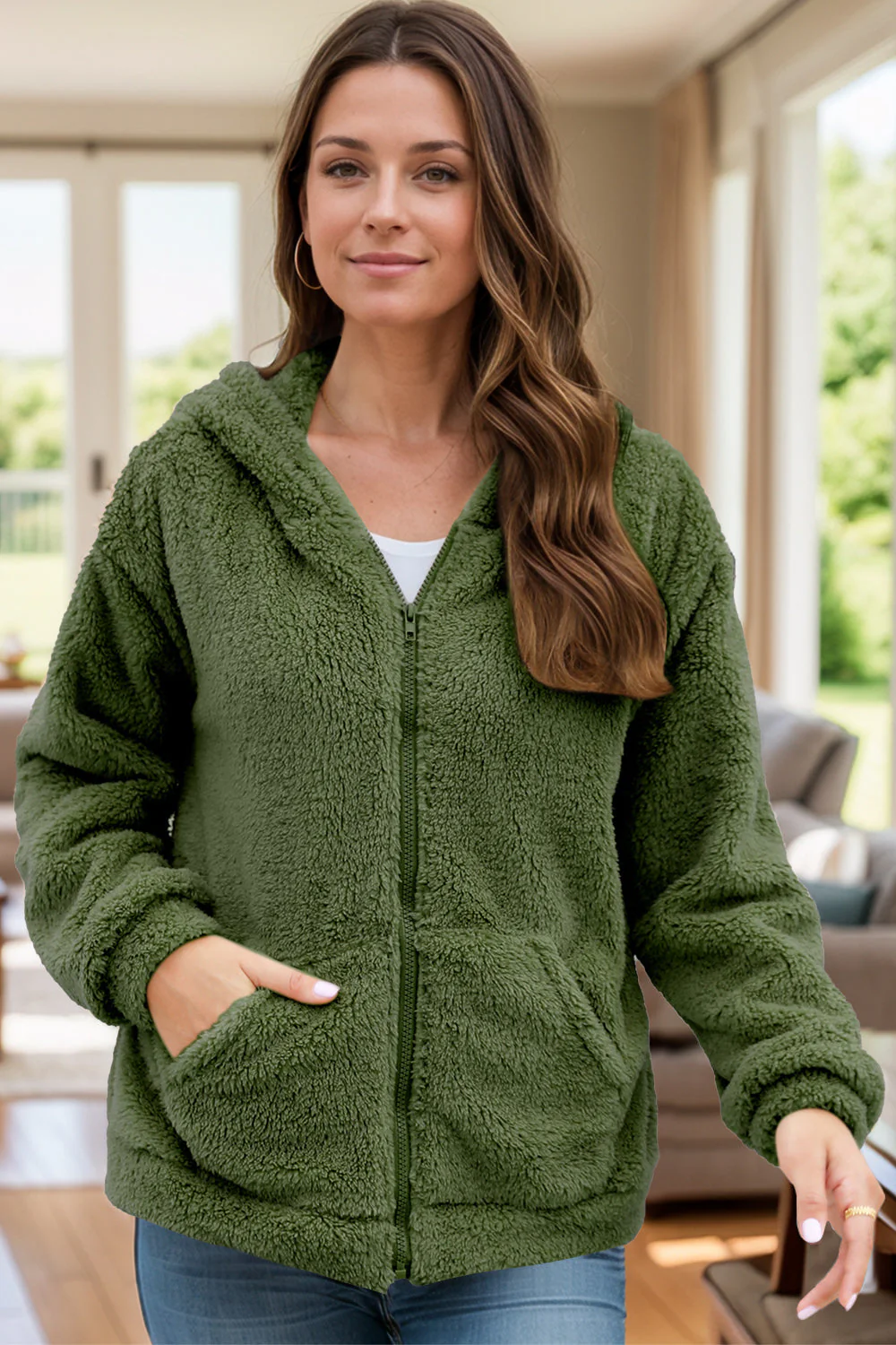 Elvira | Long sleeve outerwear with a fluffy hood and zip fastening - Image 6
