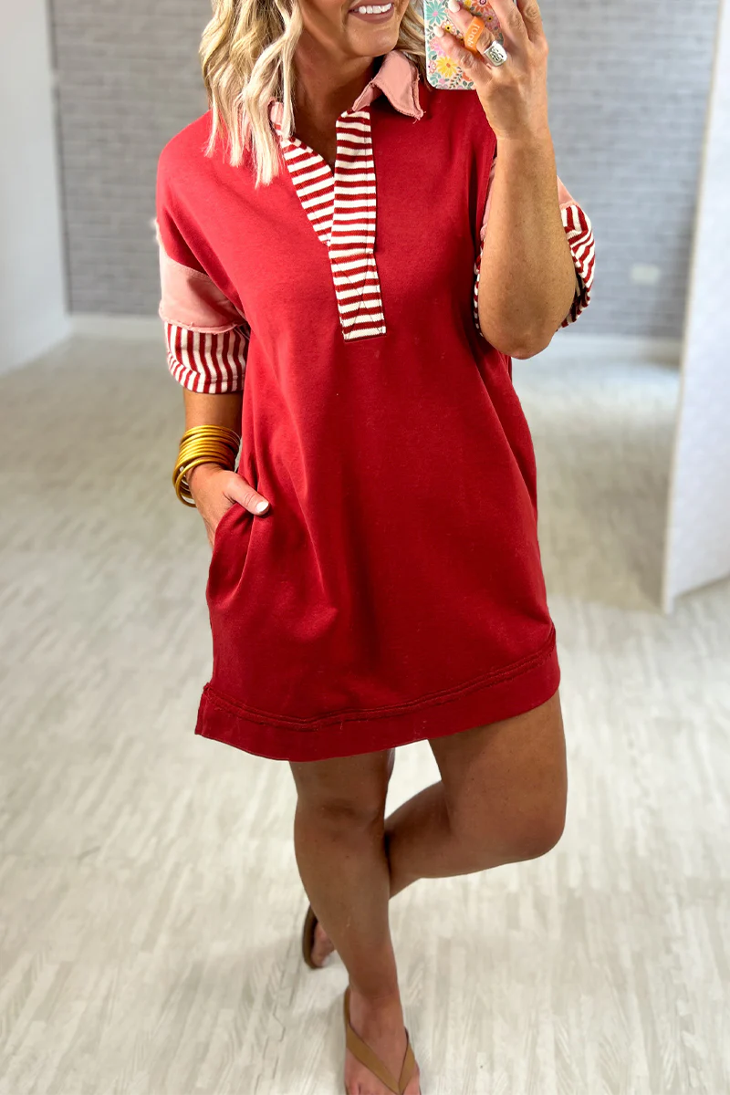 Encarni | Casual striped pocket patchwork turn-down collar short sleeve short dress - Image 7