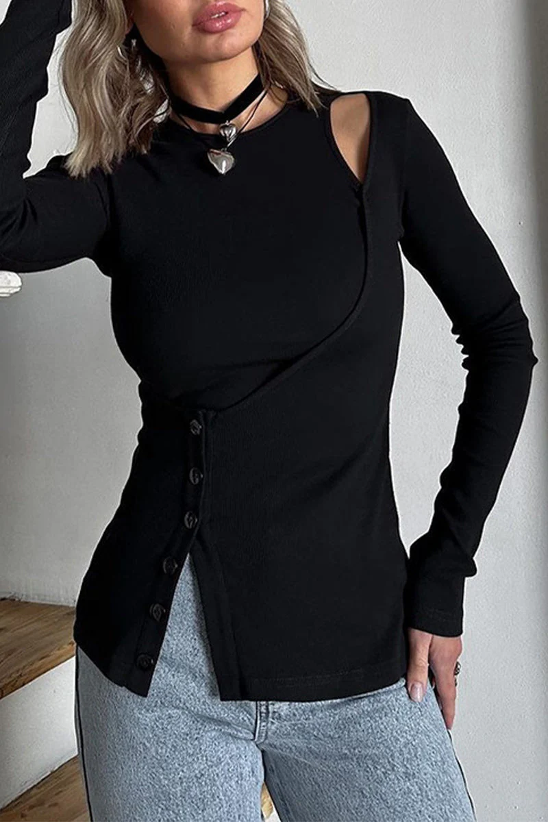 Enid | Casual tops with plain buttons and irregular O-neck - Image 3
