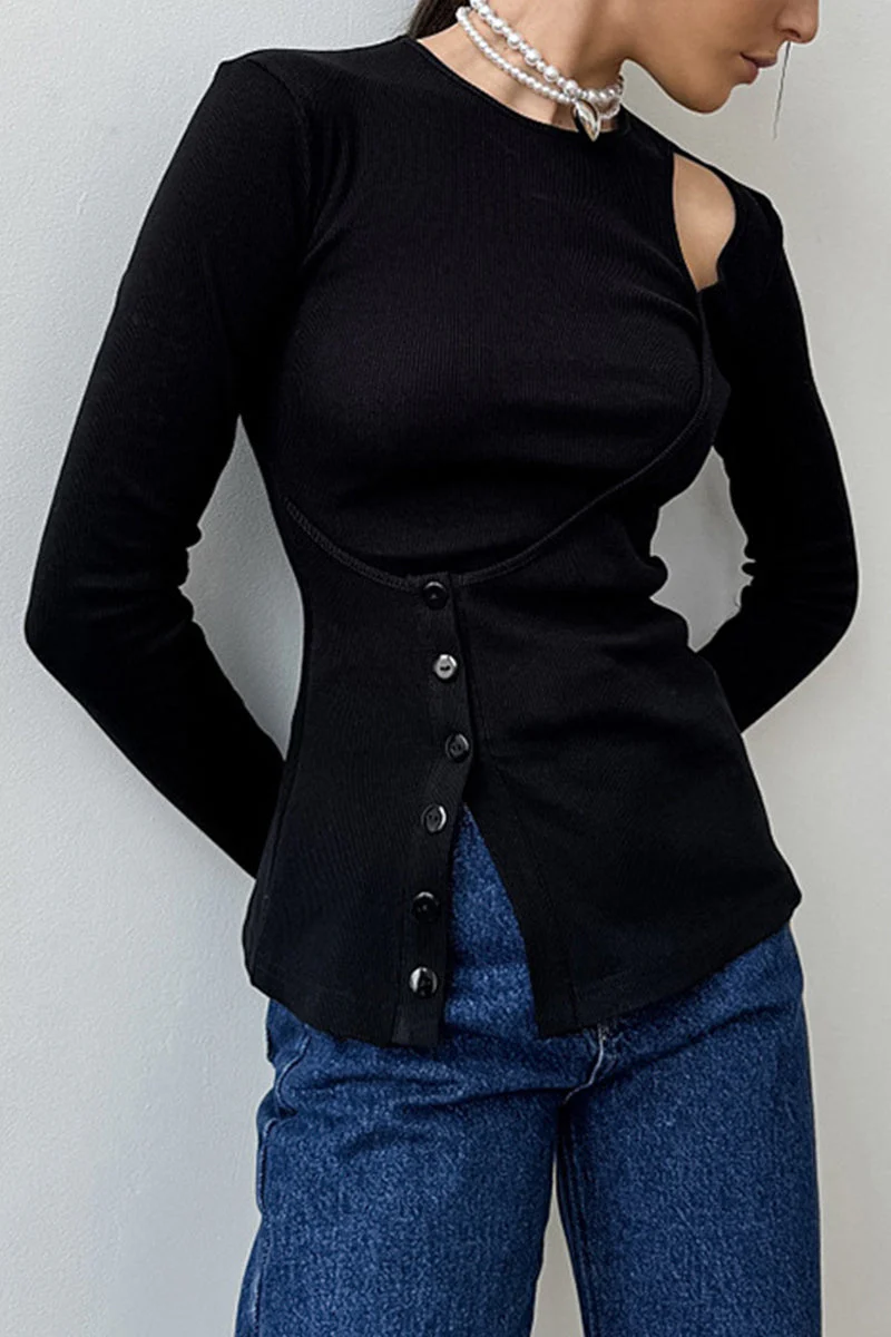 Enid | Casual tops with plain buttons and irregular O-neck - Image 5