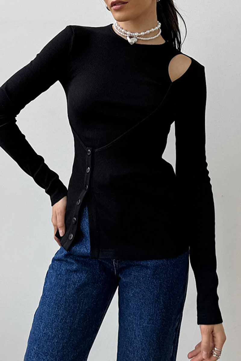 Enid | Casual tops with plain buttons and irregular O-neck - Image 6