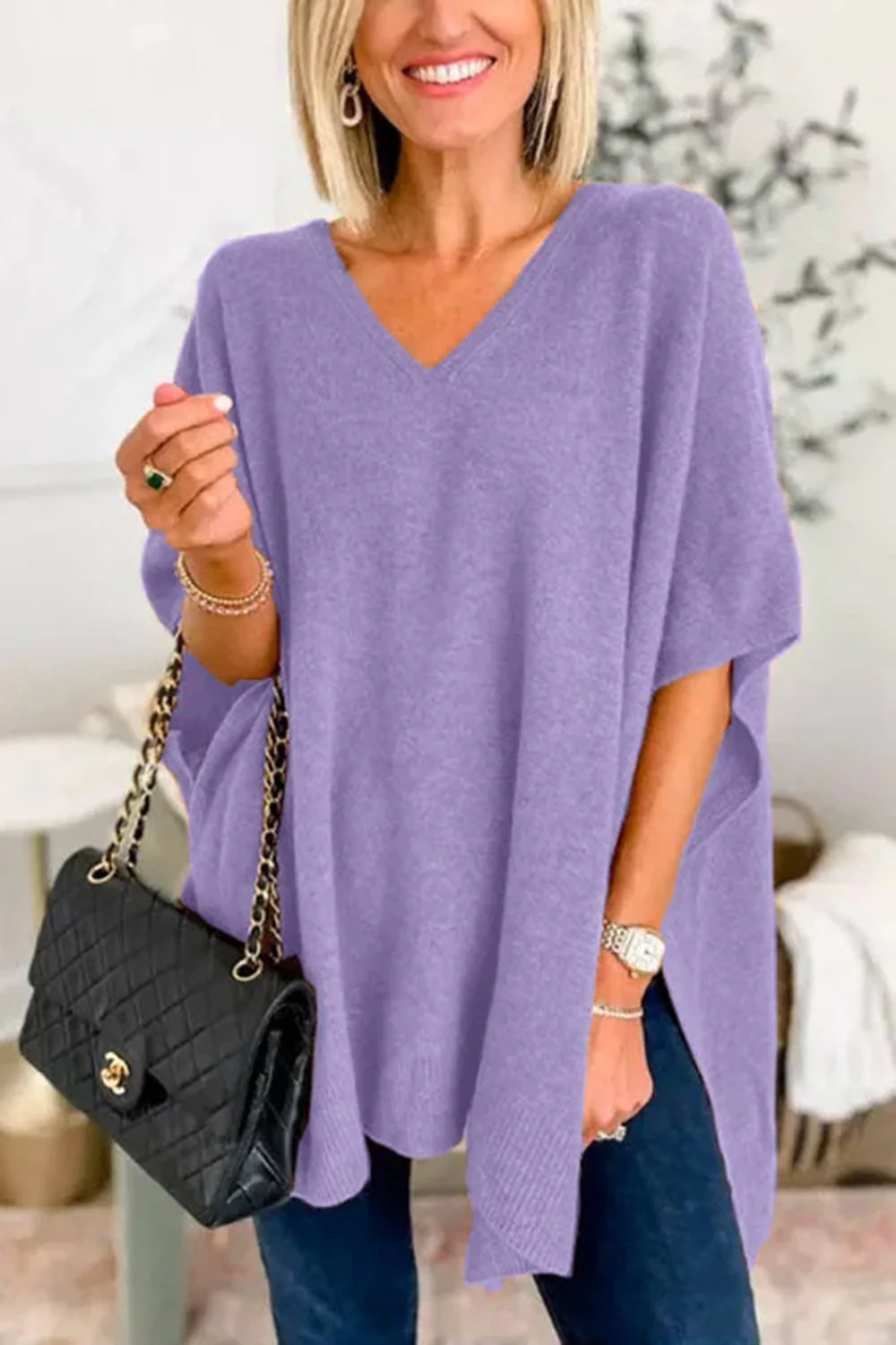Erika | Slit knit top with V-neck and half sleeves - Image 16