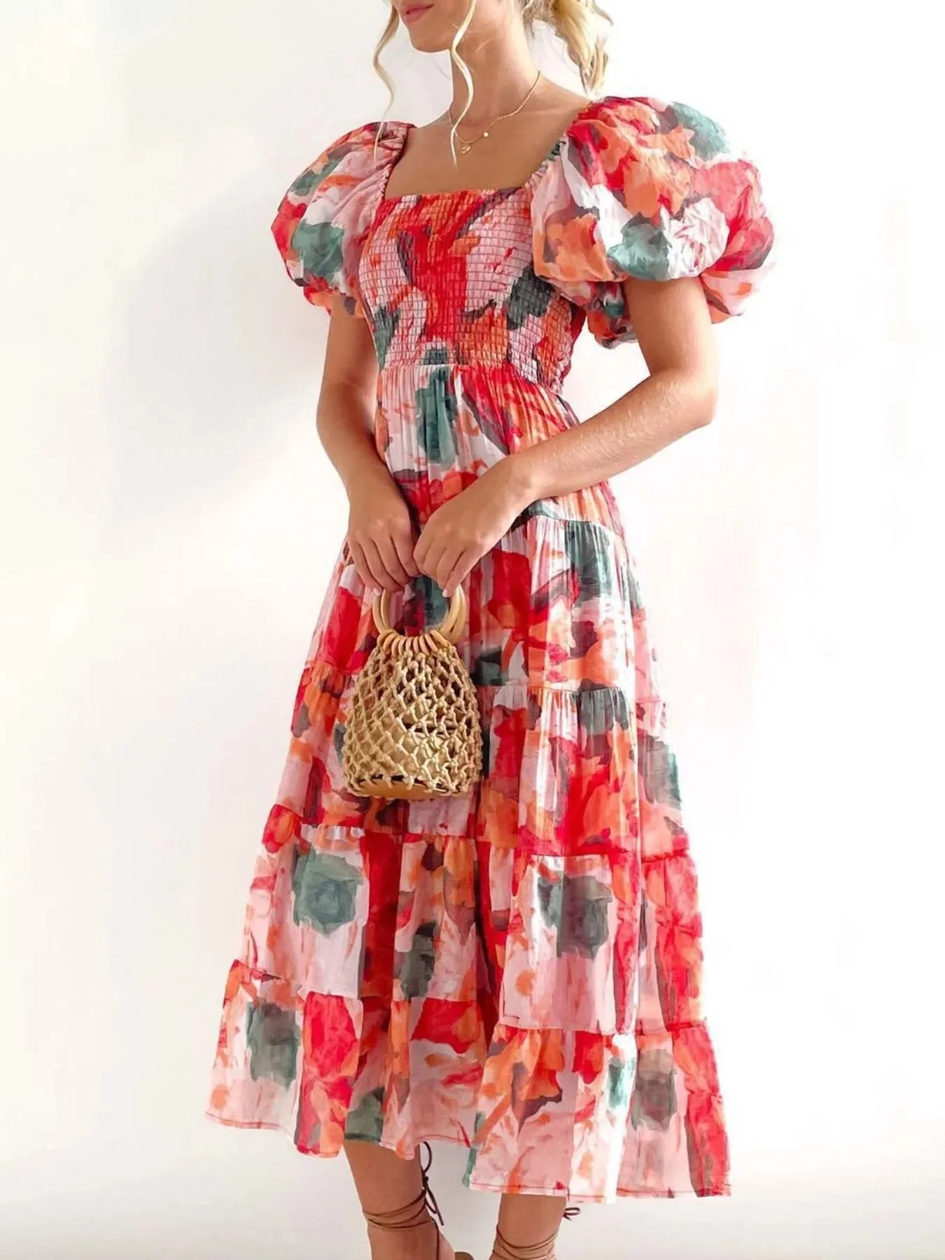 Ersilia® | Elegant Dress With Puff Sleeves And Floral Print - Image 3