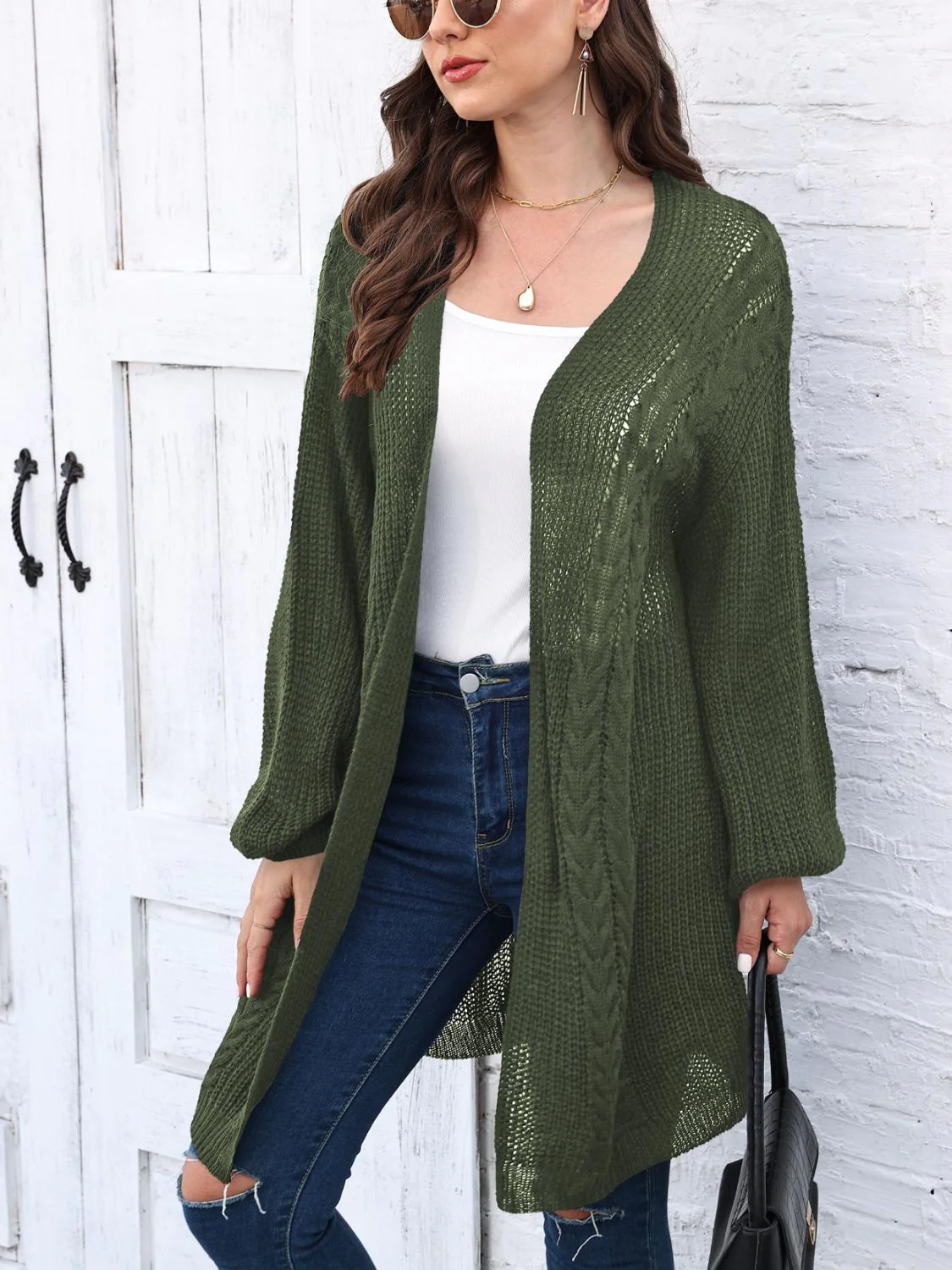 Estela | Cable knit cardigan with open front and long sleeves - Image 13