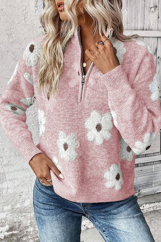 Estela | Women's floral print sweater with zip and dropped shoulder - Image 4