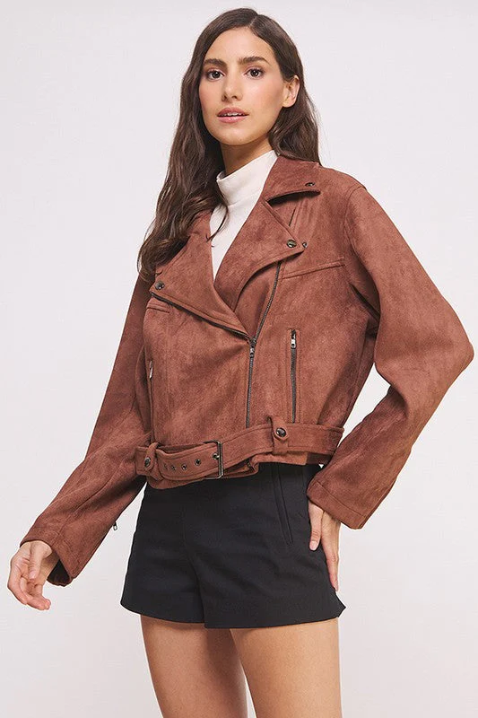 Ester | PLUS LONG SLEEVE SUEDE MOTOR JACKET WITH BELT AND ZIPPER - Image 14