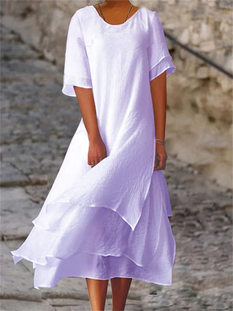 Eva® | Double-Layered Slit Short-Sleeved Dress With Round Neck - Image 3