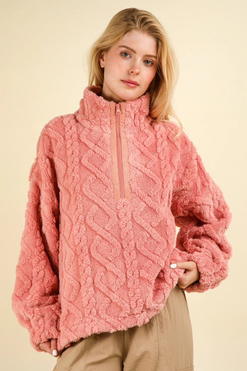 Eva | Fluffy cable knit fleece half zip sweatshirt
