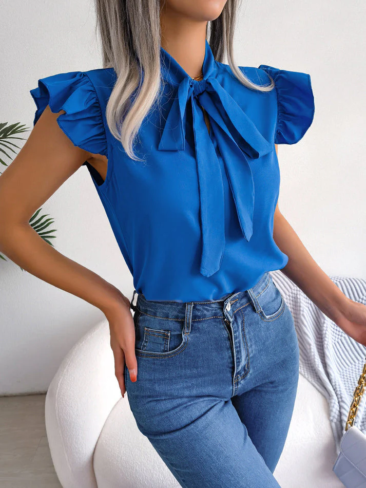 Evelin® | Sleeveless Blouse With A Tie Collar And Fringes On The Sleeves - Image 3