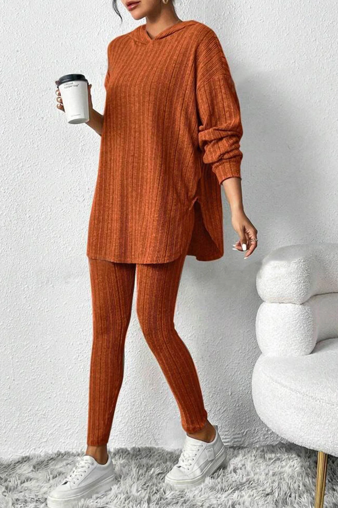 Fabiola | Ribbed Slit Mid Length Hoodie Leggings Set - Image 15