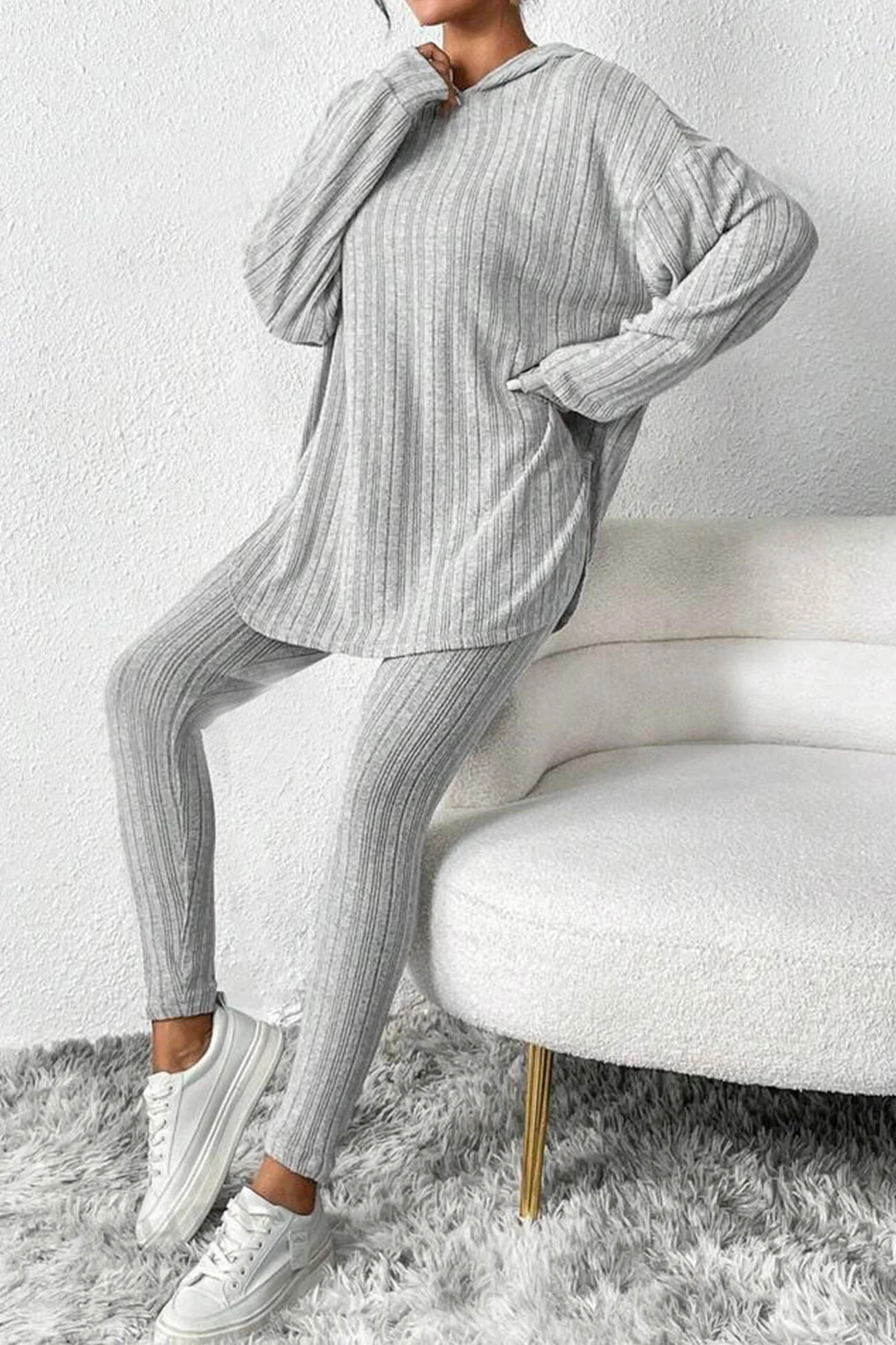Fabiola | Ribbed Slit Mid Length Hoodie Leggings Set - Image 4