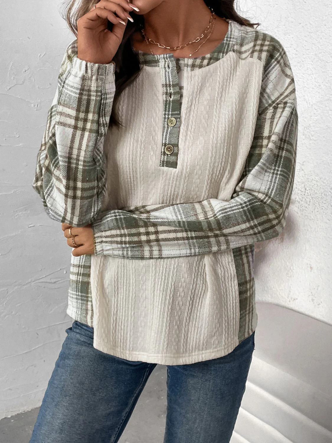 Felicidad | Perfee checked long sleeve half button t-shirt - Image 4
