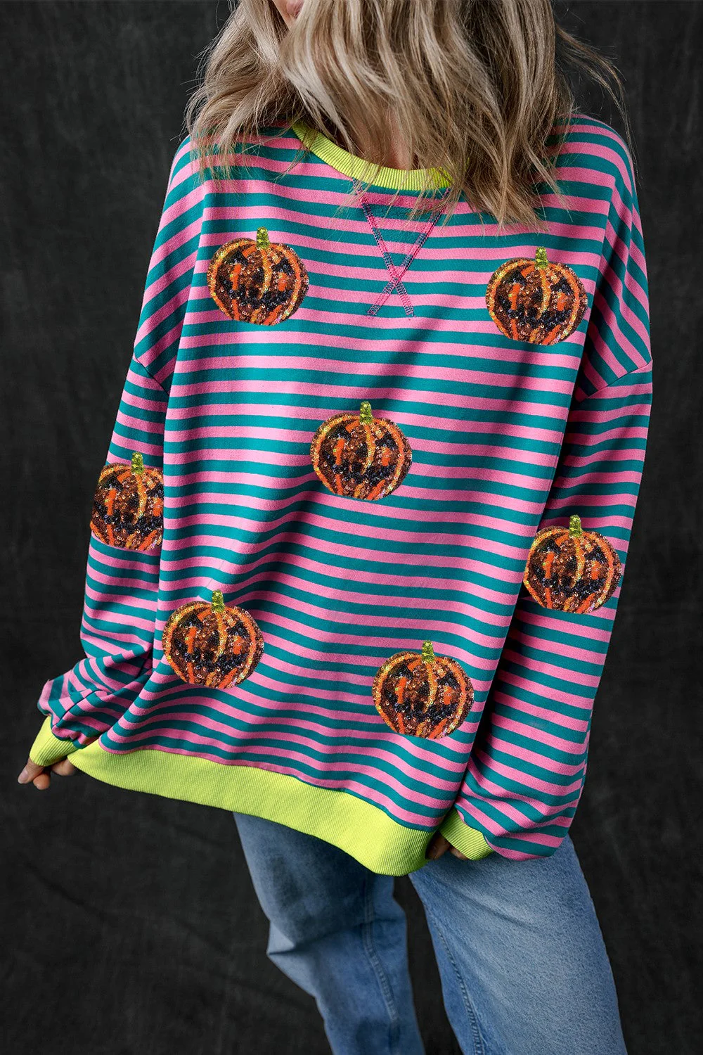 Felicidad | Pumpkin striped crew neck long sleeve sweatshirt - Image 5
