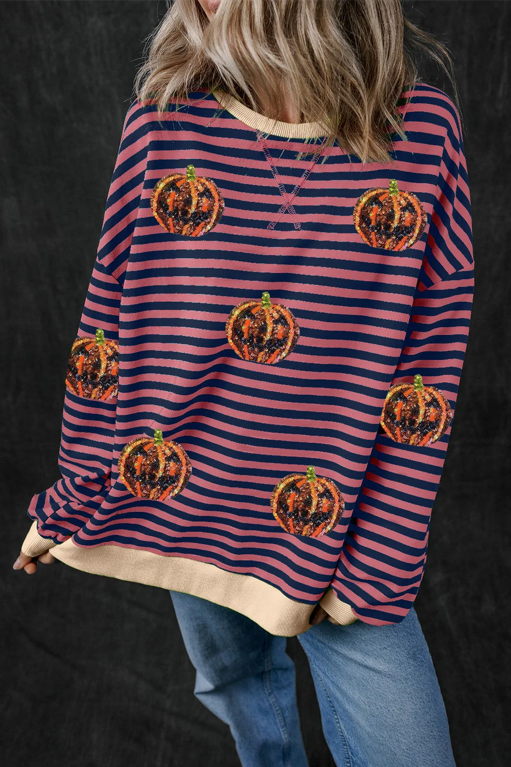 Felicidad | Pumpkin striped crew neck long sleeve sweatshirt - Image 8