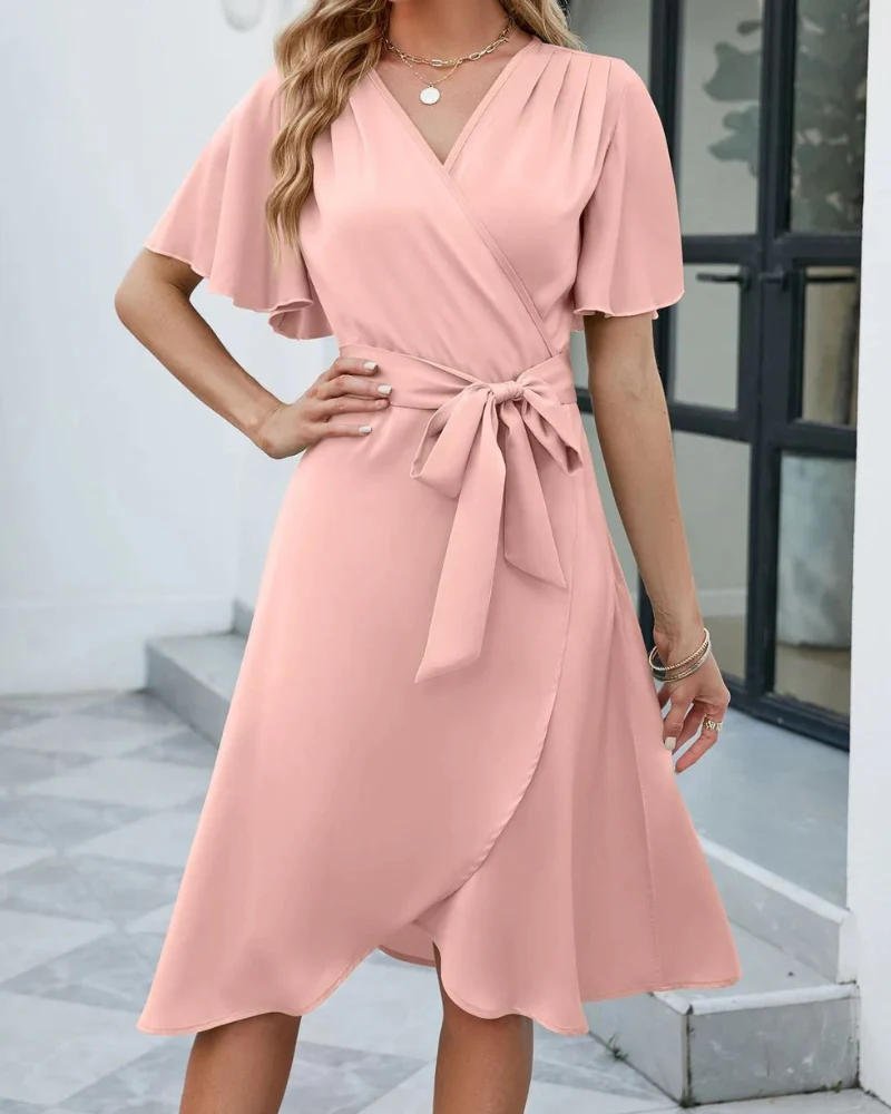 Felicity® | Elegant Short-Sleeved Flared Dress With A V-Neckline And A Self-Tie Belt - Image 2