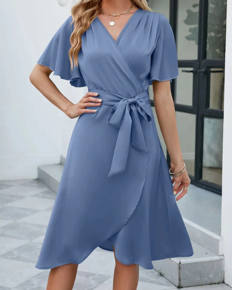 Felicity® | Elegant Short-Sleeved Flared Dress With A V-Neckline And A Self-Tie Belt - Image 3