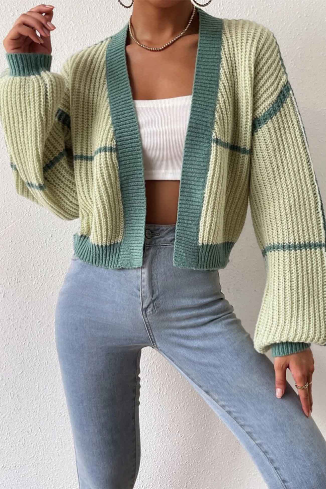 Felisa | Long sleeve open front patchwork knit cardigan - Image 4