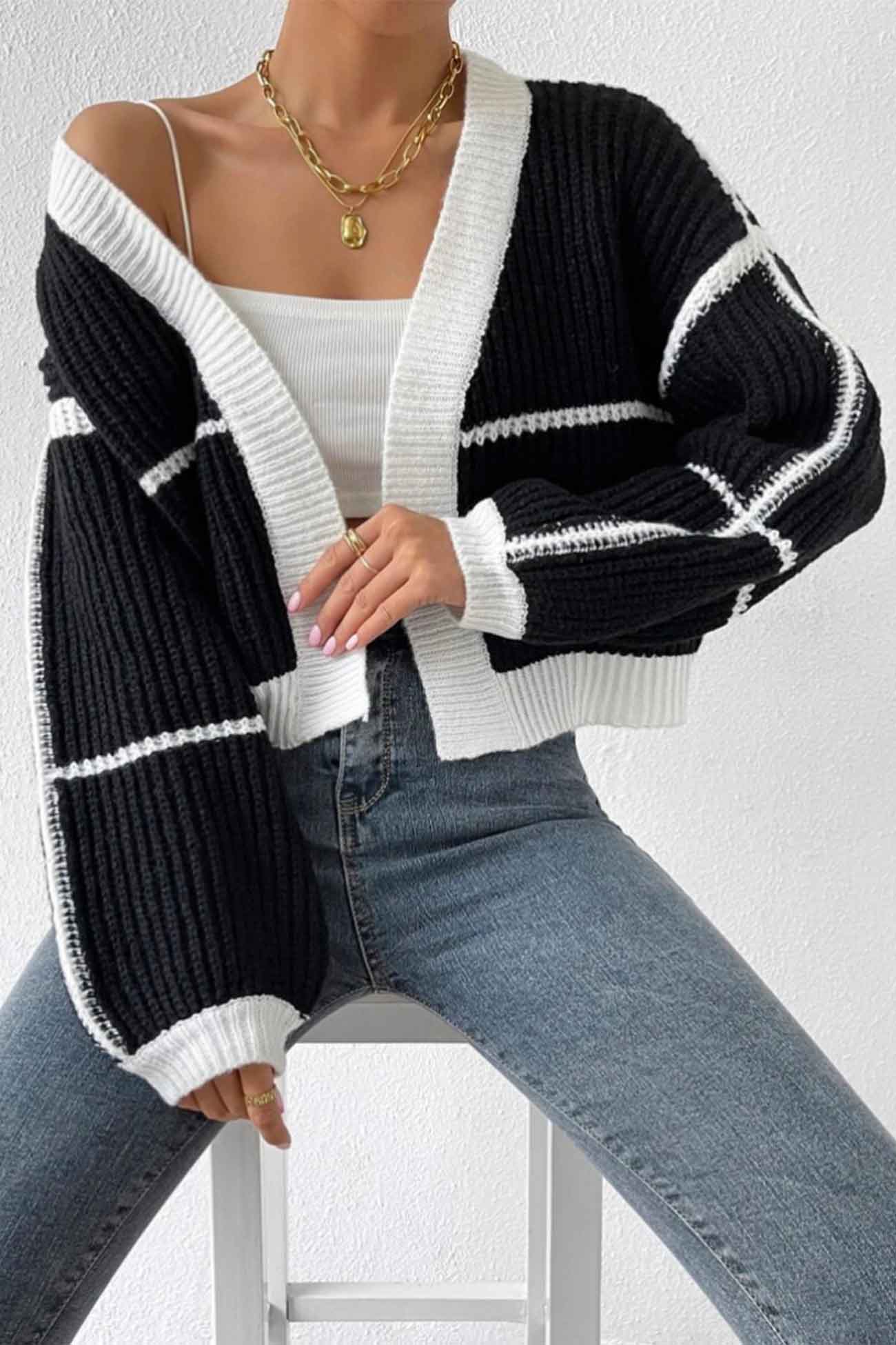 Felisa | Long sleeve open front patchwork knit cardigan - Image 5