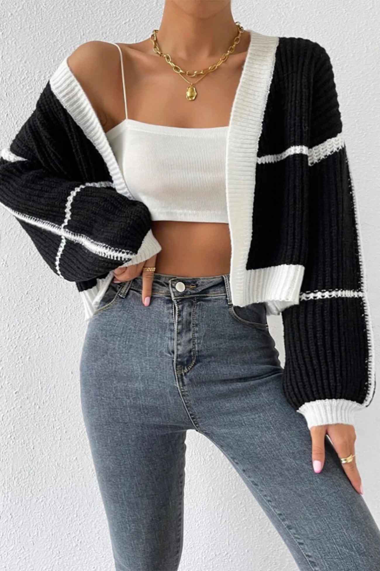 Felisa | Long sleeve open front patchwork knit cardigan - Image 6