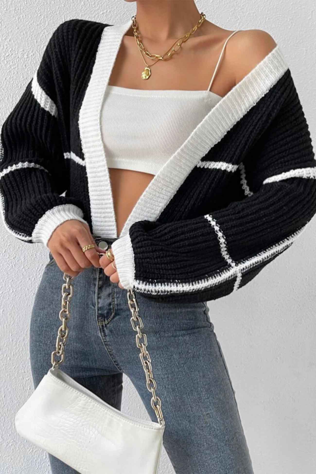 Felisa | Long sleeve open front patchwork knit cardigan - Image 7