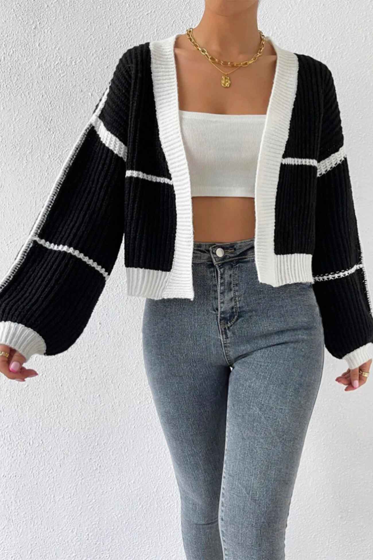 Felisa | Long sleeve open front patchwork knit cardigan - Image 8