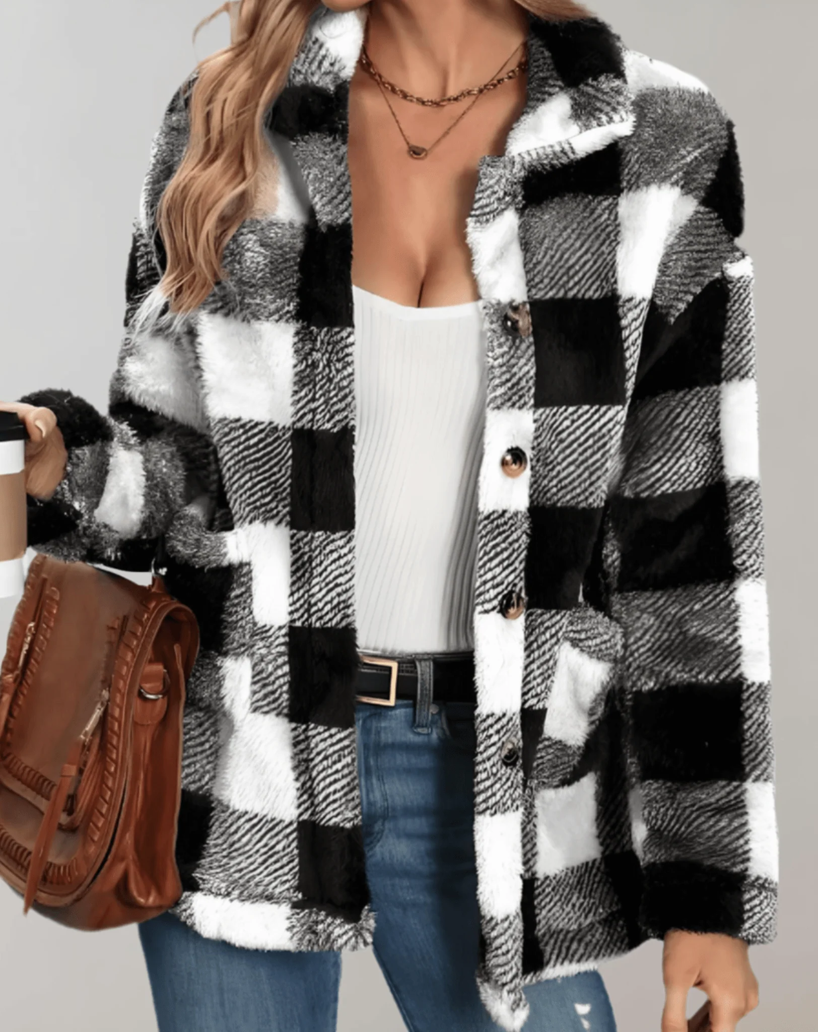 Fernanda | Women's teddy plush jacket with full sleeves and check pattern - Image 2
