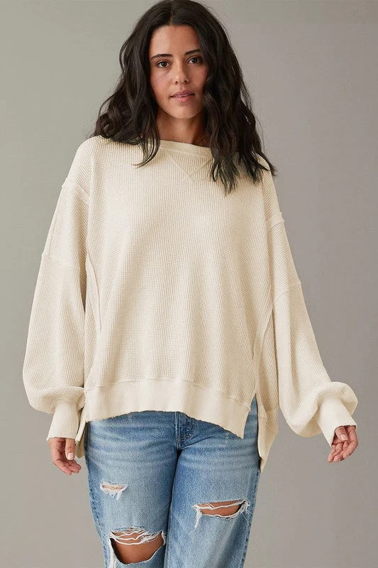 Flavia | Oversized bishop sleeve waffle knit sweatshirt
