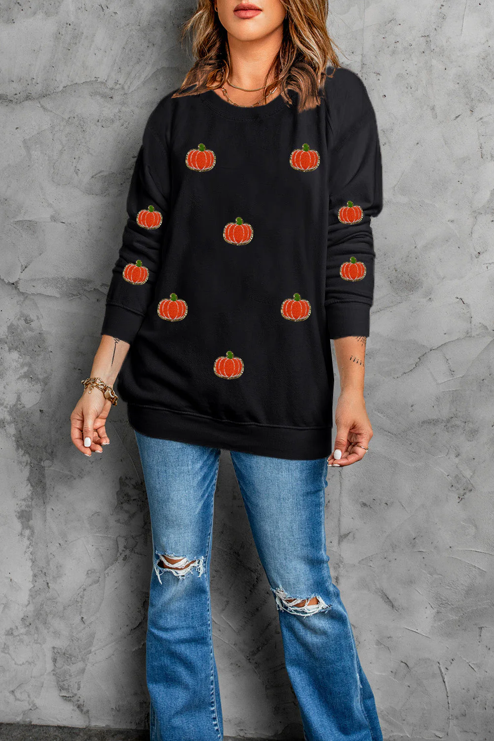 Flavia | Pumpkin long sleeve crew neck sweatshirt - Image 3