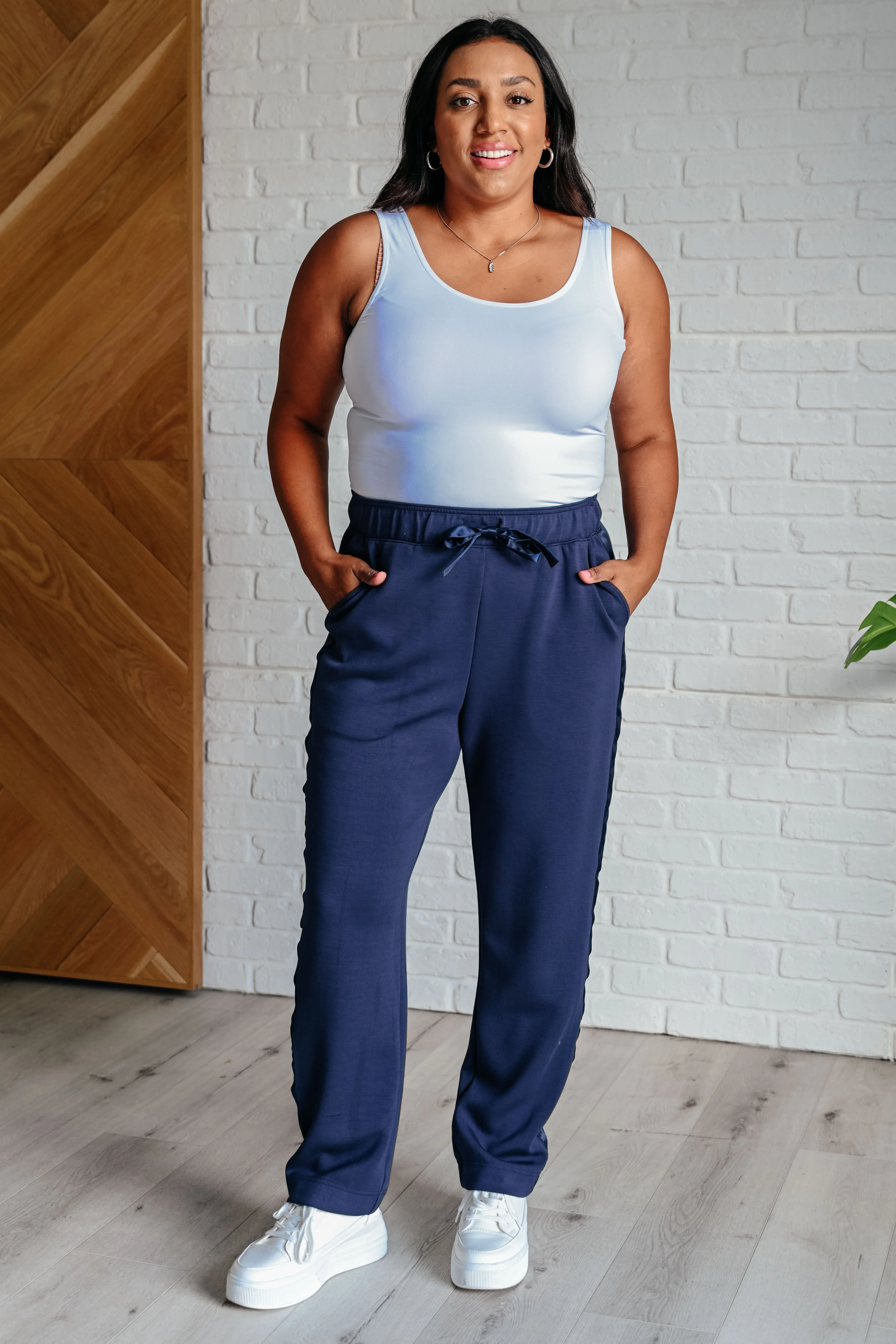 Flavia | Satin stripe lounge pants in smoky navy - Image 6