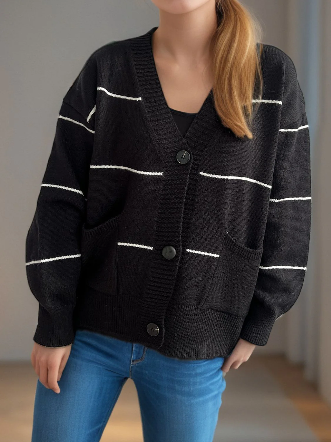 Flavia | Striped, long-sleeved cardigan with button placket and V-neck