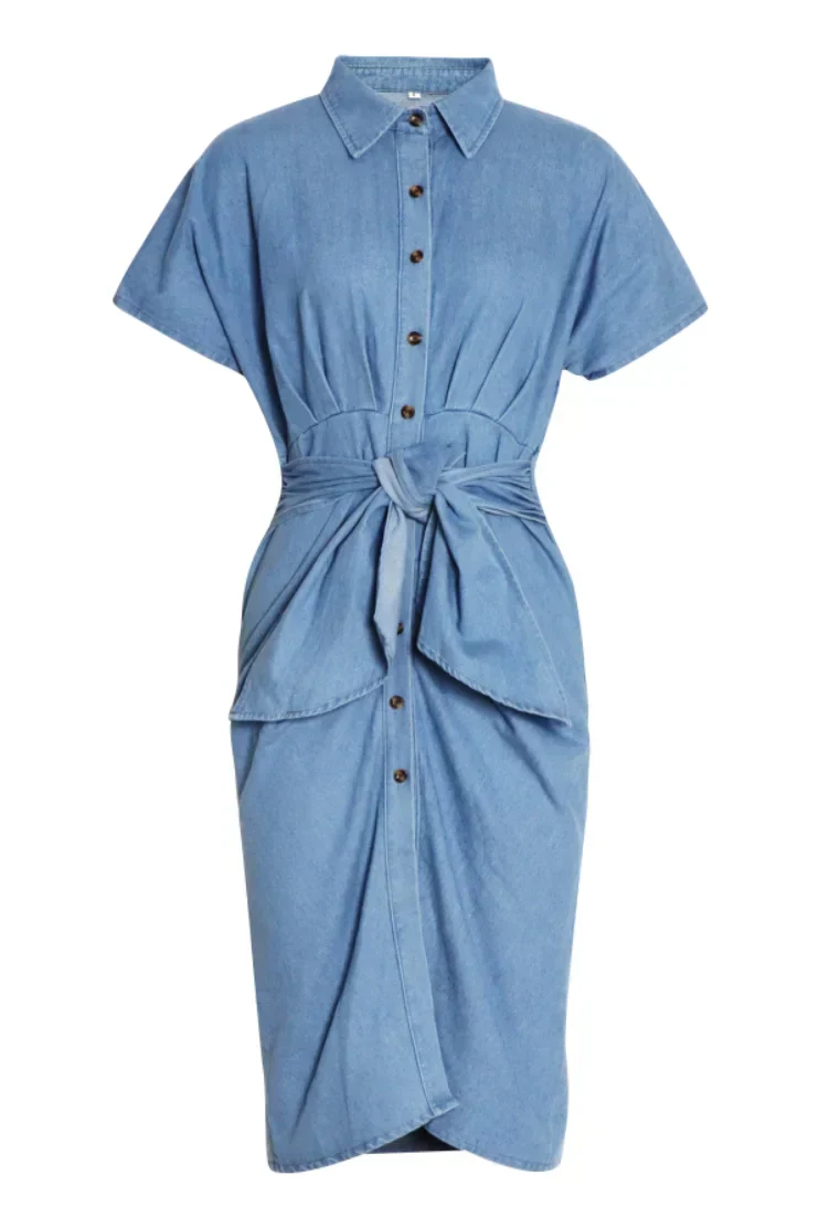 Flor® | Ruched Denim Midi Shirt Dress With Knot Detail - Image 4
