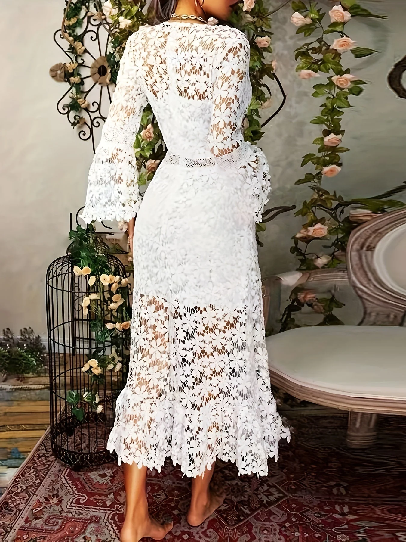 Flora® | Cotton Guipure Lace V-Neck Long Sleeves Apron Cocktail Party Dress For Women Ideal For All Seasons
