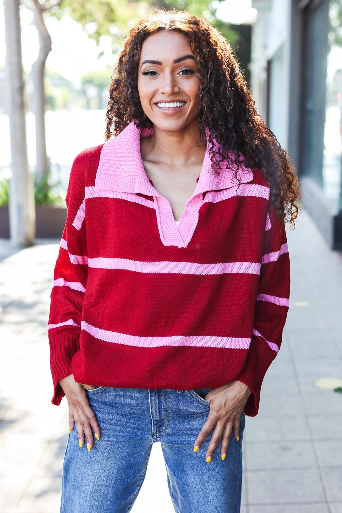 Frieda | Fall For You oversized sweater with notched collar and crimson stripes - Image 7