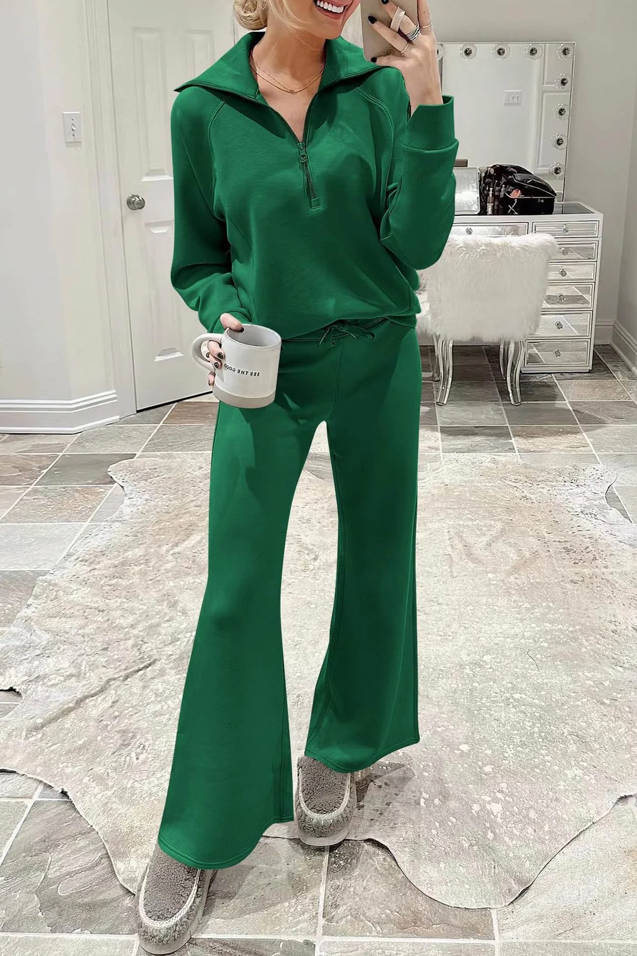 Gabriela | Lapel zip wide leg sweatshirt and long pants set - Image 13