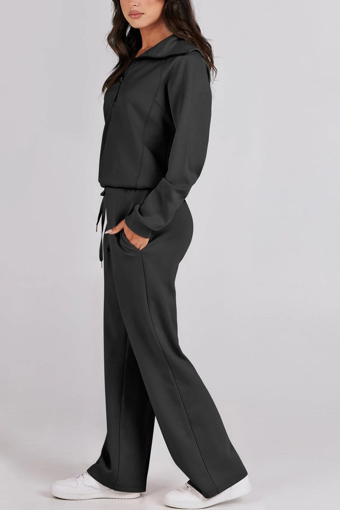 Gabriela | Lapel zip wide leg sweatshirt and long pants set - Image 7