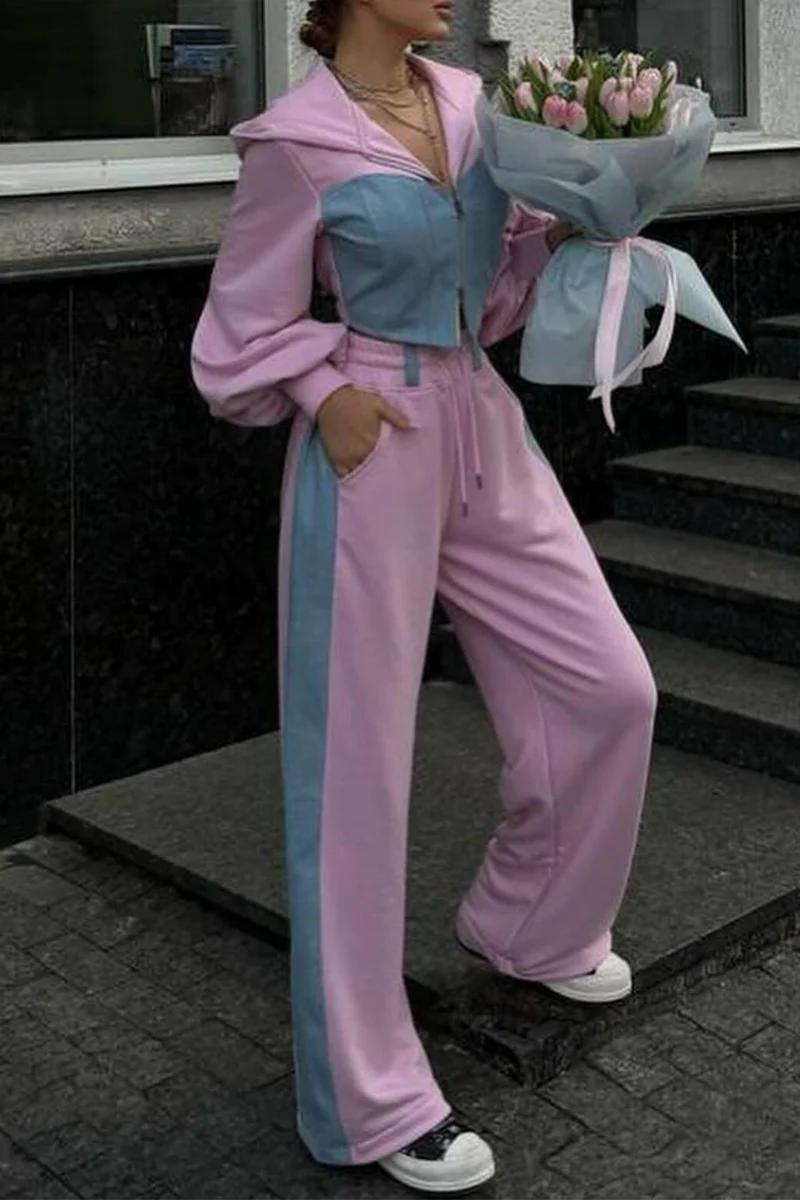 Gabriela | Street Sportswear Patchwork Zipper Contrast Hooded Long Sleeve Two Piece Set - Image 2