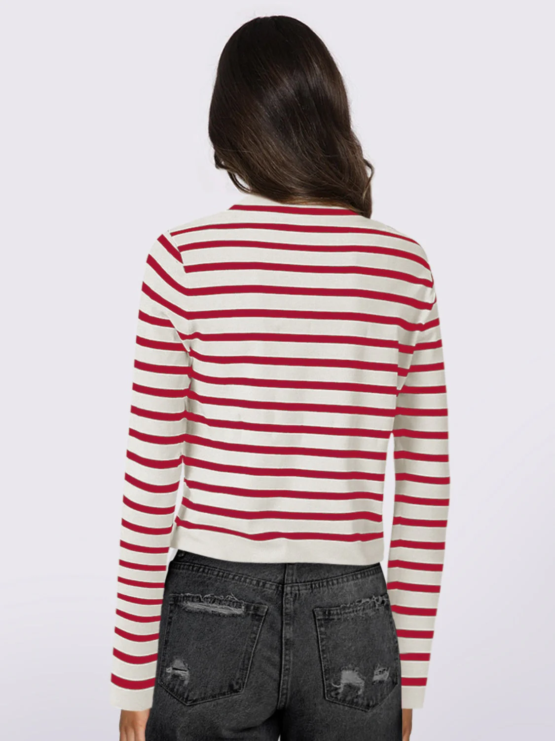 Gabriela | Striped, long-sleeved cardigan with button placket and crew neck - Image 11