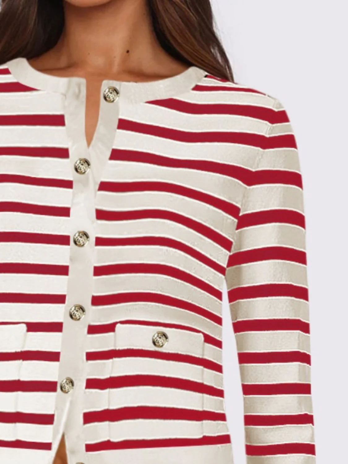 Gabriela | Striped, long-sleeved cardigan with button placket and crew neck - Image 12