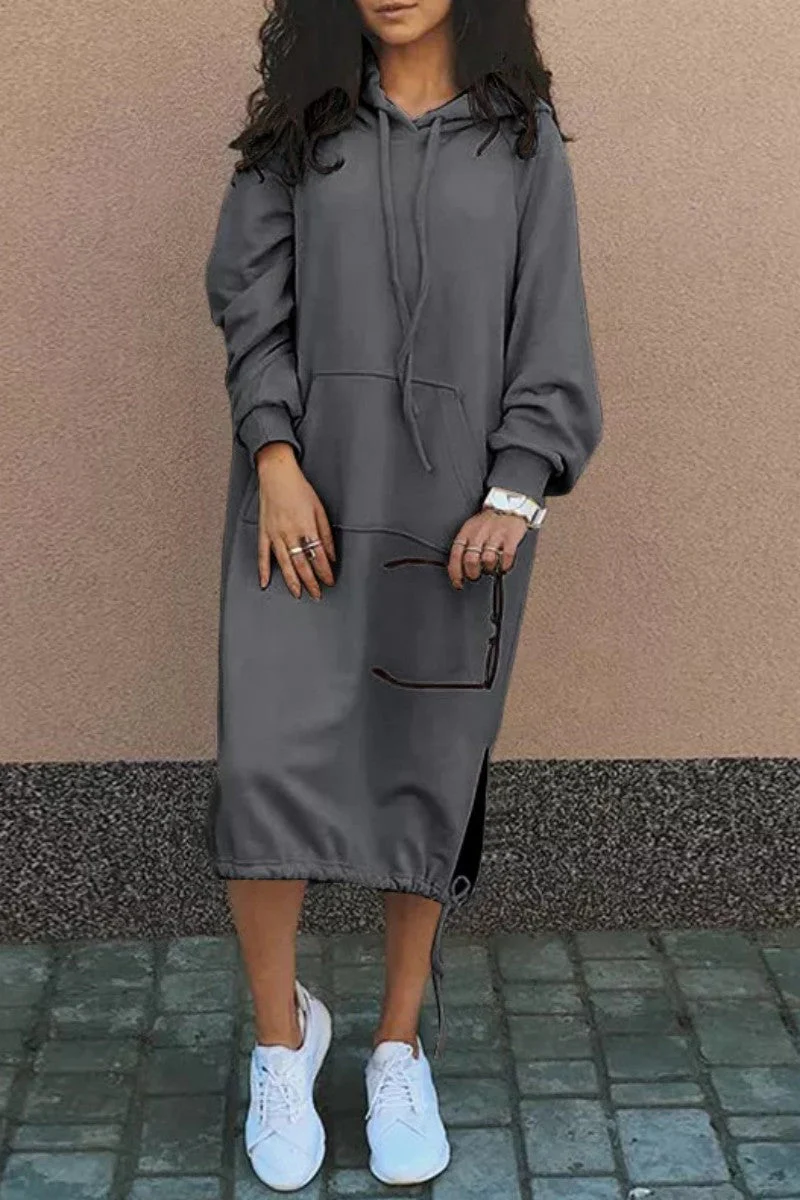 Genoveva | Casual solid patchwork dresses with hood and long sleeves - Image 3