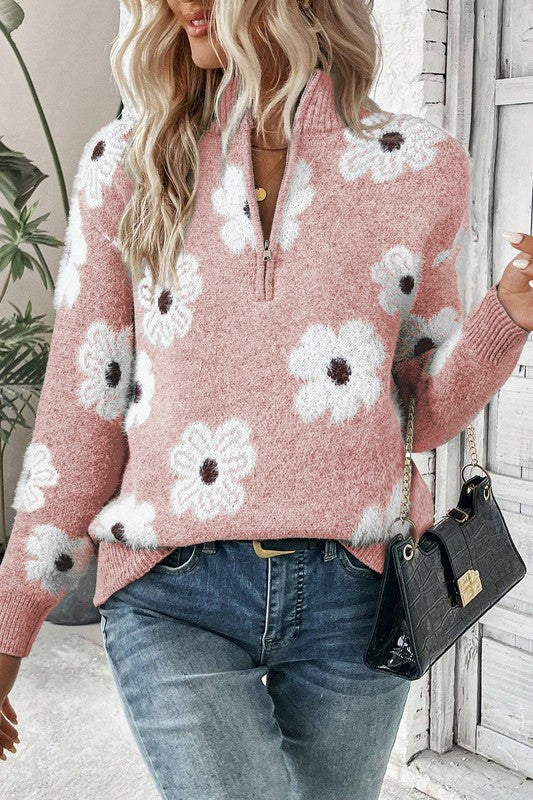 Genoveva | Vintage 60s floral pattern sweater with half zip collar - Image 4