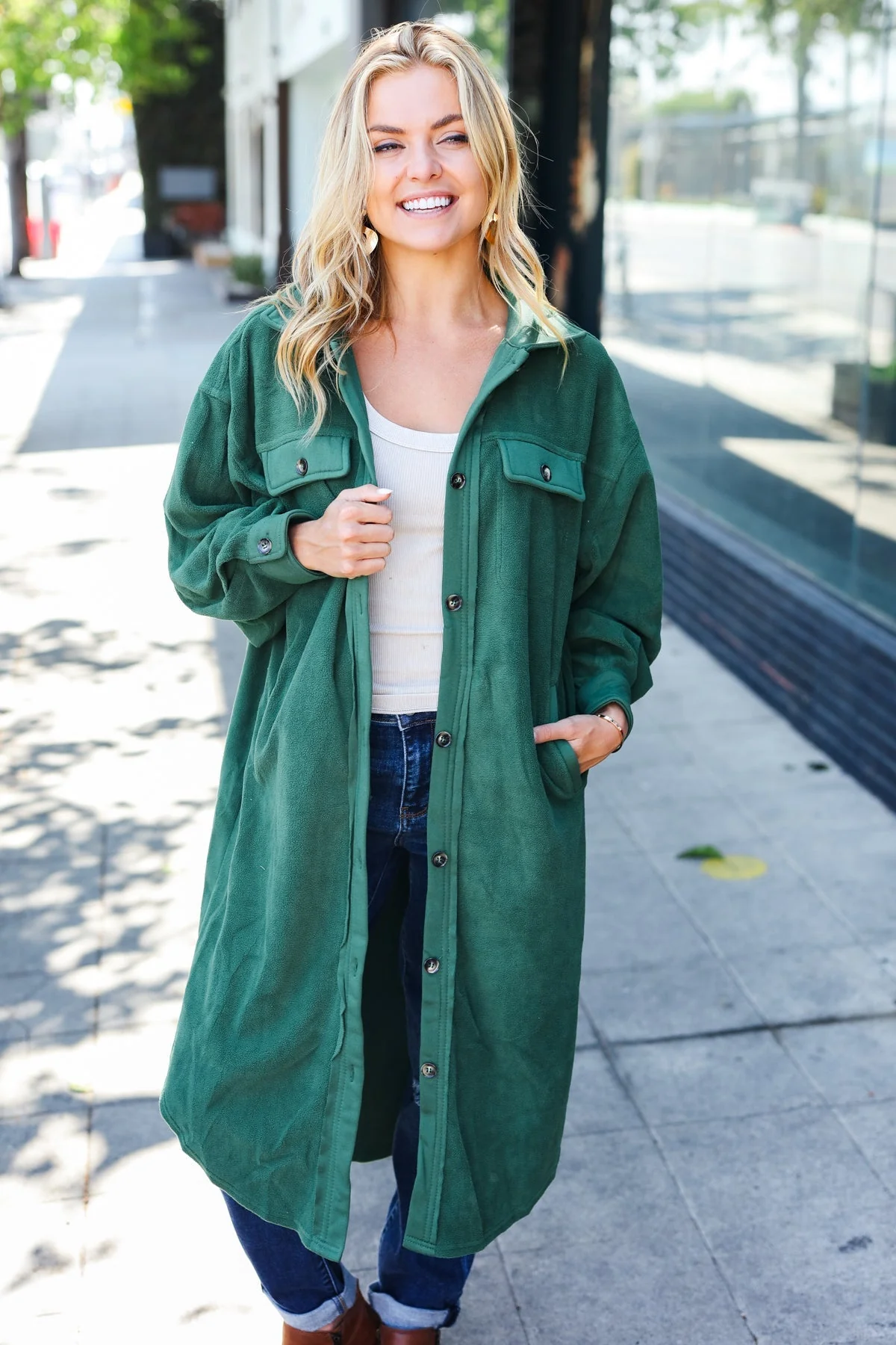Gertrud | Turn Heads Forest Green Fleece Button Down Duster Jacket - Image 3
