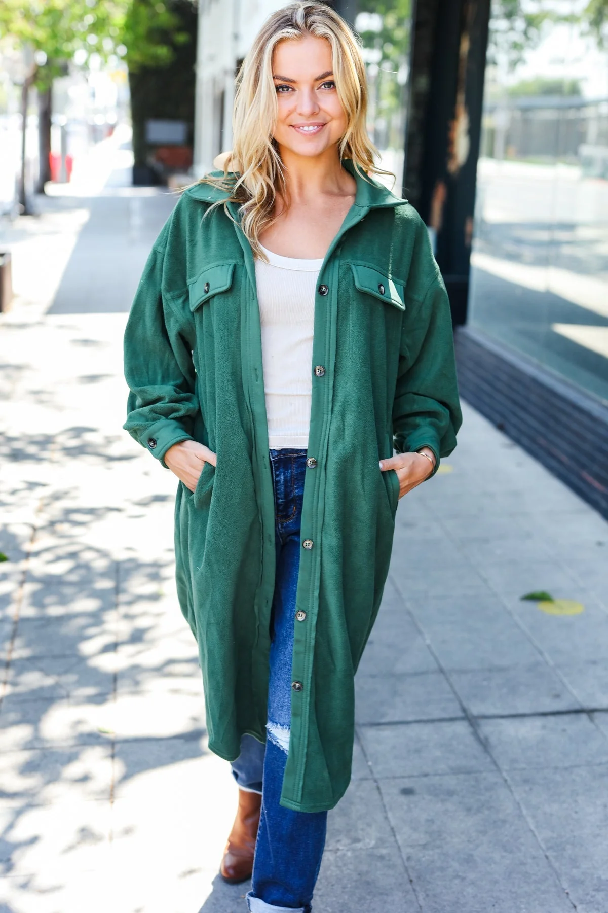 Gertrud | Turn Heads Forest Green Fleece Button Down Duster Jacket - Image 5