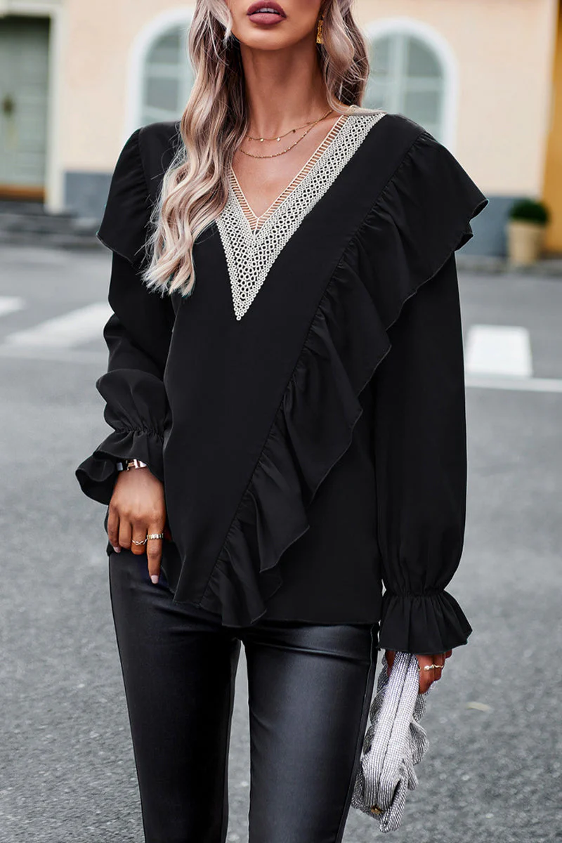 Gia® | Elegant Loose V-Neck Long Sleeve Ruffle Blouse - Image 3