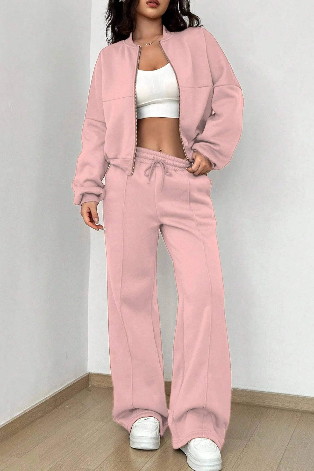 Giovanna | Collarless zipper cardigan pants set - Image 13