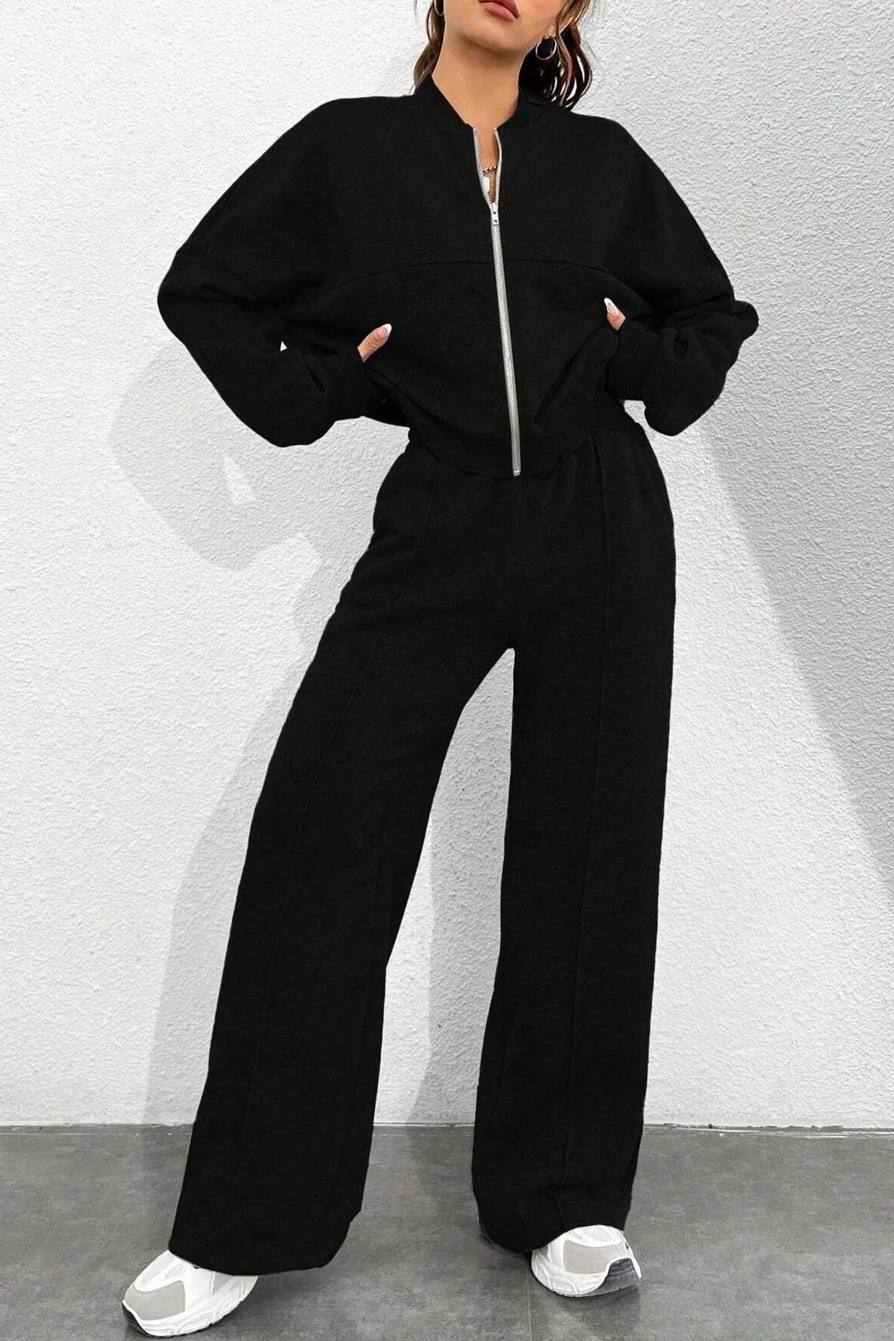 Giovanna | Collarless zipper cardigan pants set - Image 6
