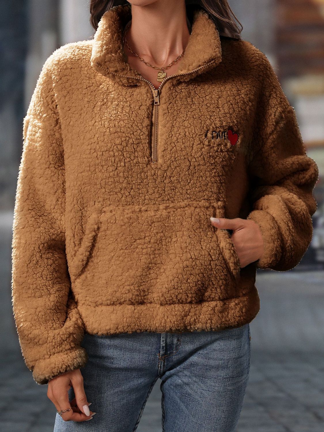 Giovanna | Heart teddy half zip sweatshirt with long sleeves - Image 6