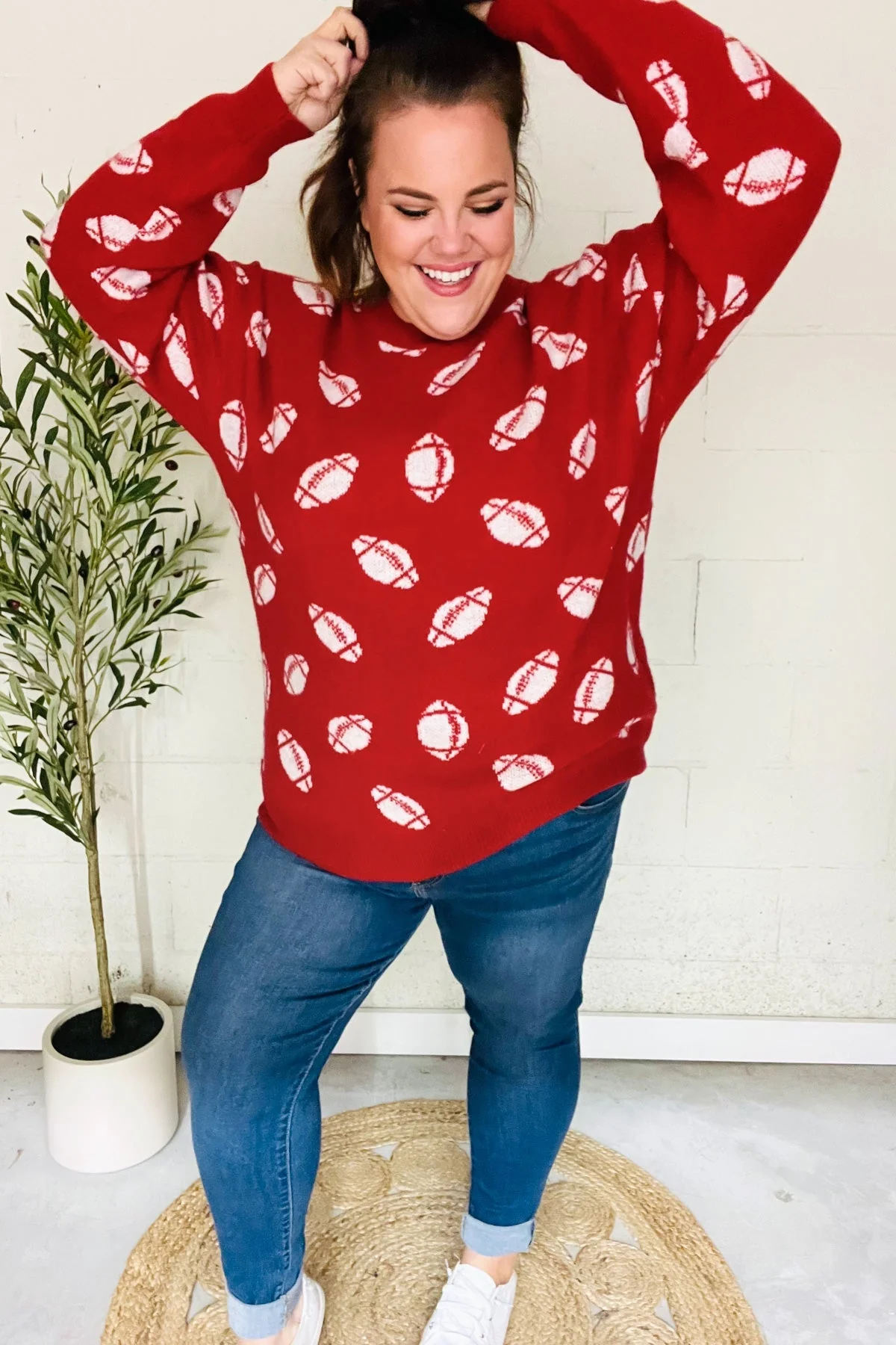 Gisela | Red football print jacquard knit sweater for game day - Image 11